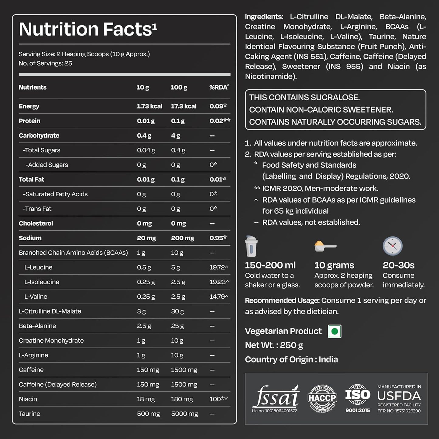Nutrition facts label for a supplement with detailed ingredient list and branding.