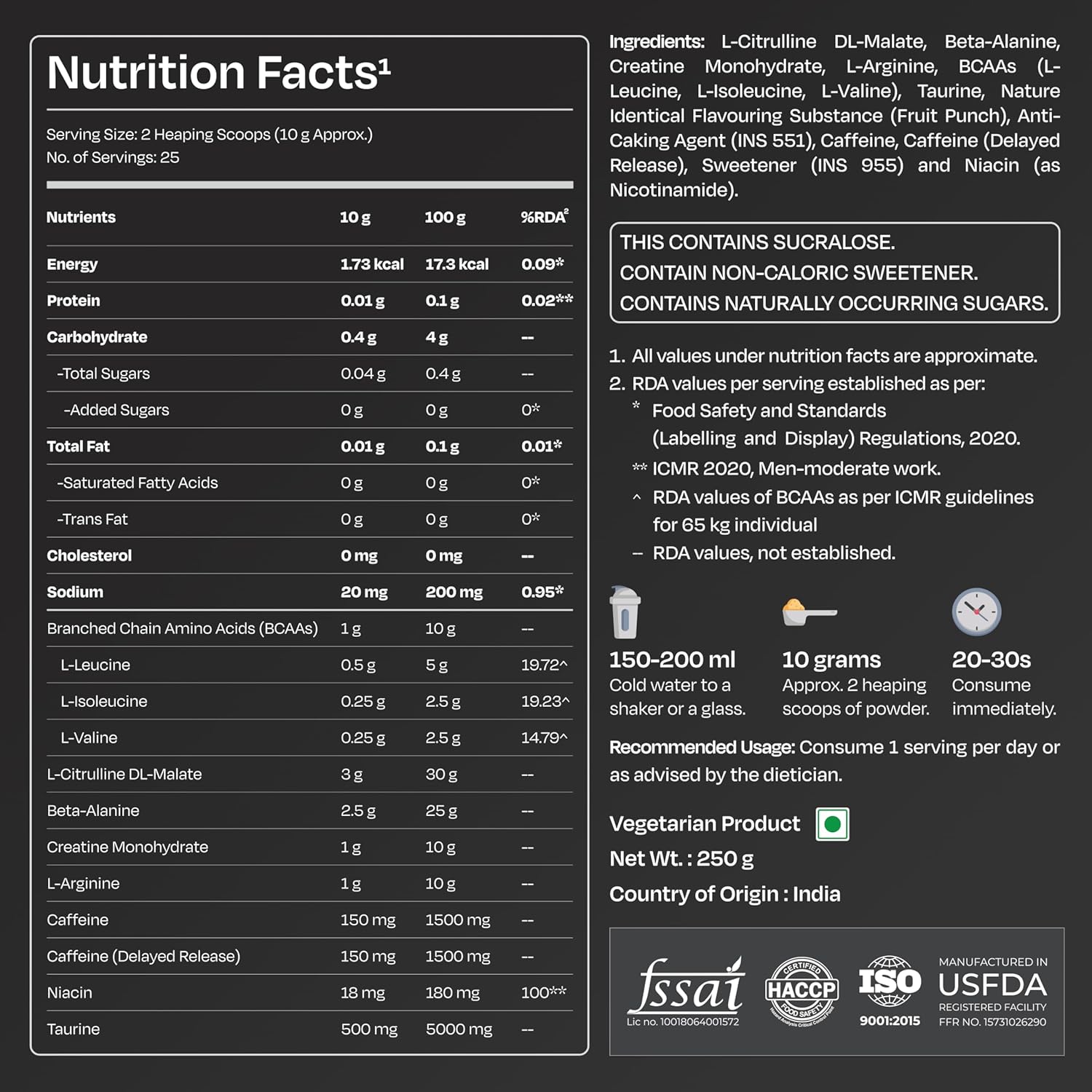 Nutrition facts label for a supplement with detailed ingredient list and branding.