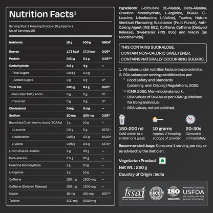 Nutrition facts label for a supplement with detailed ingredient list and branding.