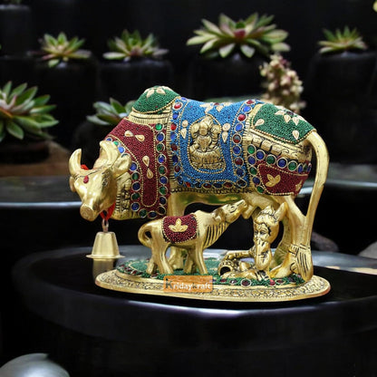 KridayKraft Kamdhenu Cow Calf Bal Gopal Krishna Metal Statue, Gold Stone XL
