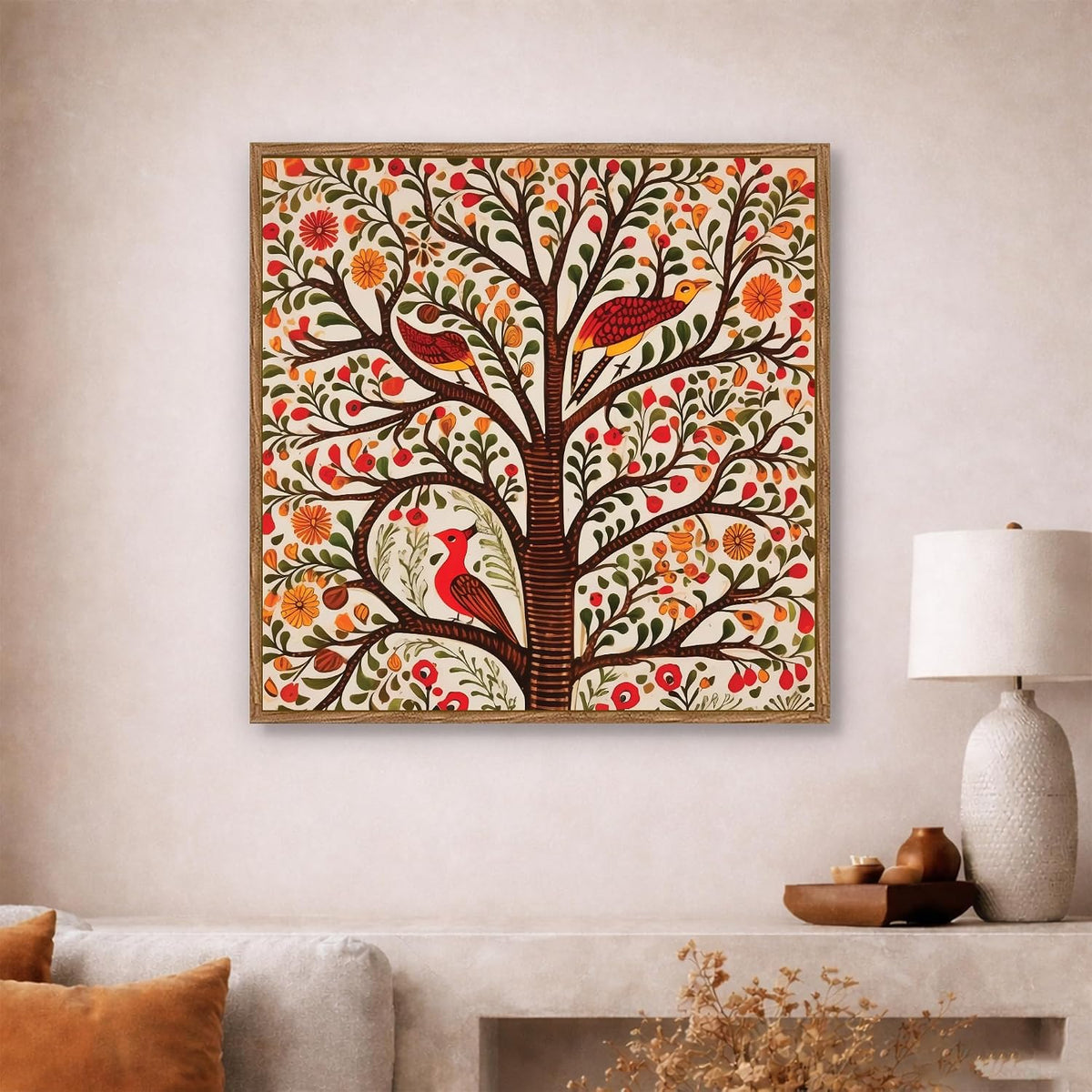 Madhubani Tree of Life Framed Painting For Living Room | Indian Folk Tree and Birds Large Canvas Painting With Frame Wall Art For Bedroom, Hallway's, Office, Hotel, Size 58x58 cm