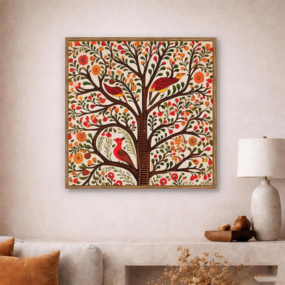 Madhubani Tree of Life Framed Painting For Living Room | Indian Folk Tree and Birds Large Canvas Painting With Frame Wall Art For Bedroom, Hallway's, Office, Hotel, Size 58x58 cm