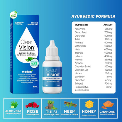 Medzzi Clear Vision Eye Drop | Ayurvedic Formula | Daily Use Eye drops with Aloe Vera, Rose Water, Honey, Neem & Tulsi | 10ml