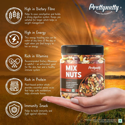 PrettyNutty Healthy Nutmix 250g, Dried Almonds, Black Raisins, Cashewnuts, Cranberries, Green Raisins, Walnut Kernels & Many More.