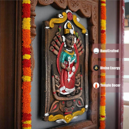 Maa Durga Murti Mahisasur Mardini Terracotta Wall Hanging Idol | Sherawali Devi MATA Wall Art Decor for Home Temple, Mandir, Living & Office Decor | Spiritual Gifting (24x13 CM)