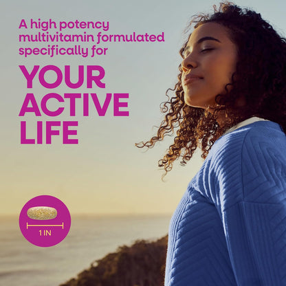 Woman on a beach with text about a high potency multivitamin for an active life