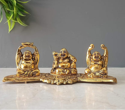Metal Laughing Buddha Statue for Money, Wealth, Fengshui Vastu and Good Luck (Golden, 7.5 Inches Length x 2.8 Inches Height x 3 Inches Width), Idol