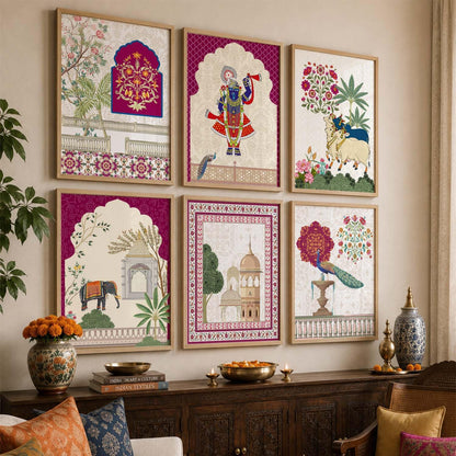 Indian Traditional Madhubani & Pichwai Wall Art | Framed Paintings for Living Room, Bedroom & Office Decor | Set of 6, 10x13 Inch