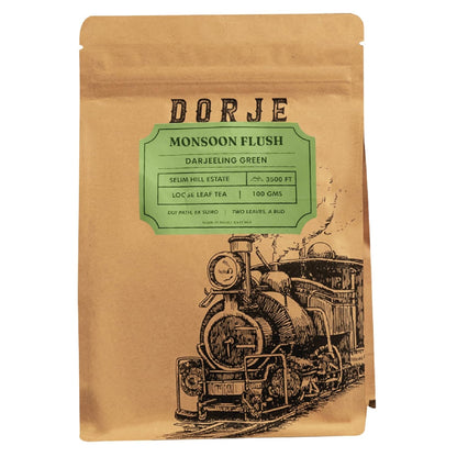 Dorje Teas Monsoon Harvest Darjeeling Green Tea | 100g (Pack of 1) | Selim Hill Estate | Astringent & Grassy Flavour | 100% Organic Single Estate Whole Leaf | No Dust or Fannings | 40 Cups