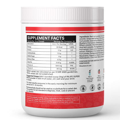 INLIFE Super Reds Powder | Antioxidant-Rich Superfood Supplement Drink Mix | 20 Super Fruits, Beets & Berries | Energize with Powerful Antioxidants Supports Energy 200g (Super Reds)