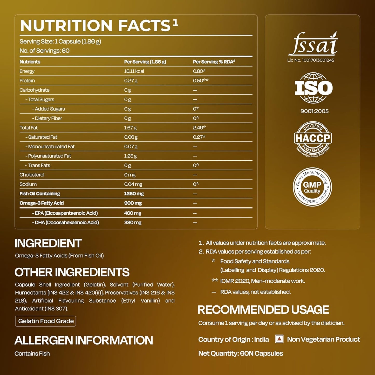 Nutrition facts label with certification logos on a brown background
