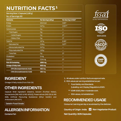 Nutrition facts label with certification logos on a brown background