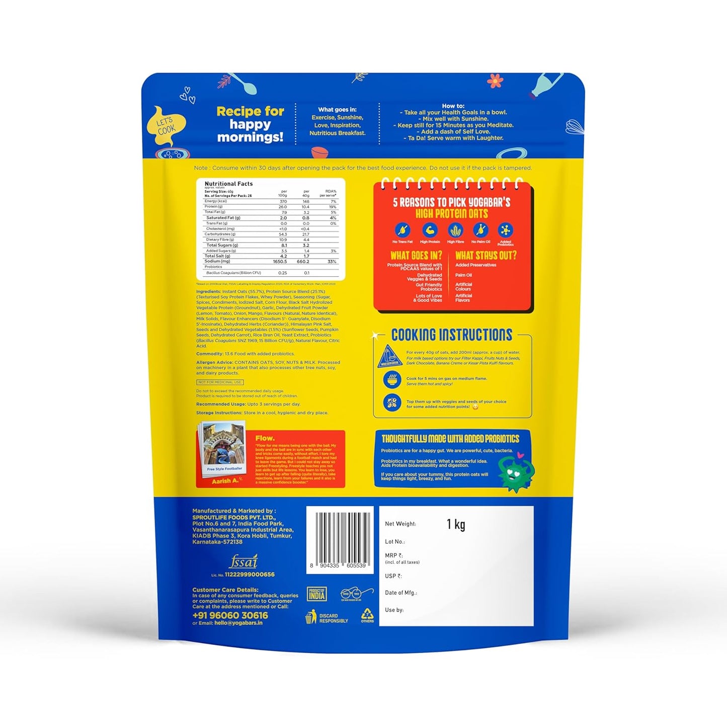 Yogabar 26g High Protein Oats 1kg , Mum's Masala - Breakfast Cereal with Wholegrains, 26% Protein & No Palm Oil - Oats High Protein for Gym - Premium Protein Blend with Whey Protein Powder - with Goodness of Chia, Sunflower & Pumpkin Seeds