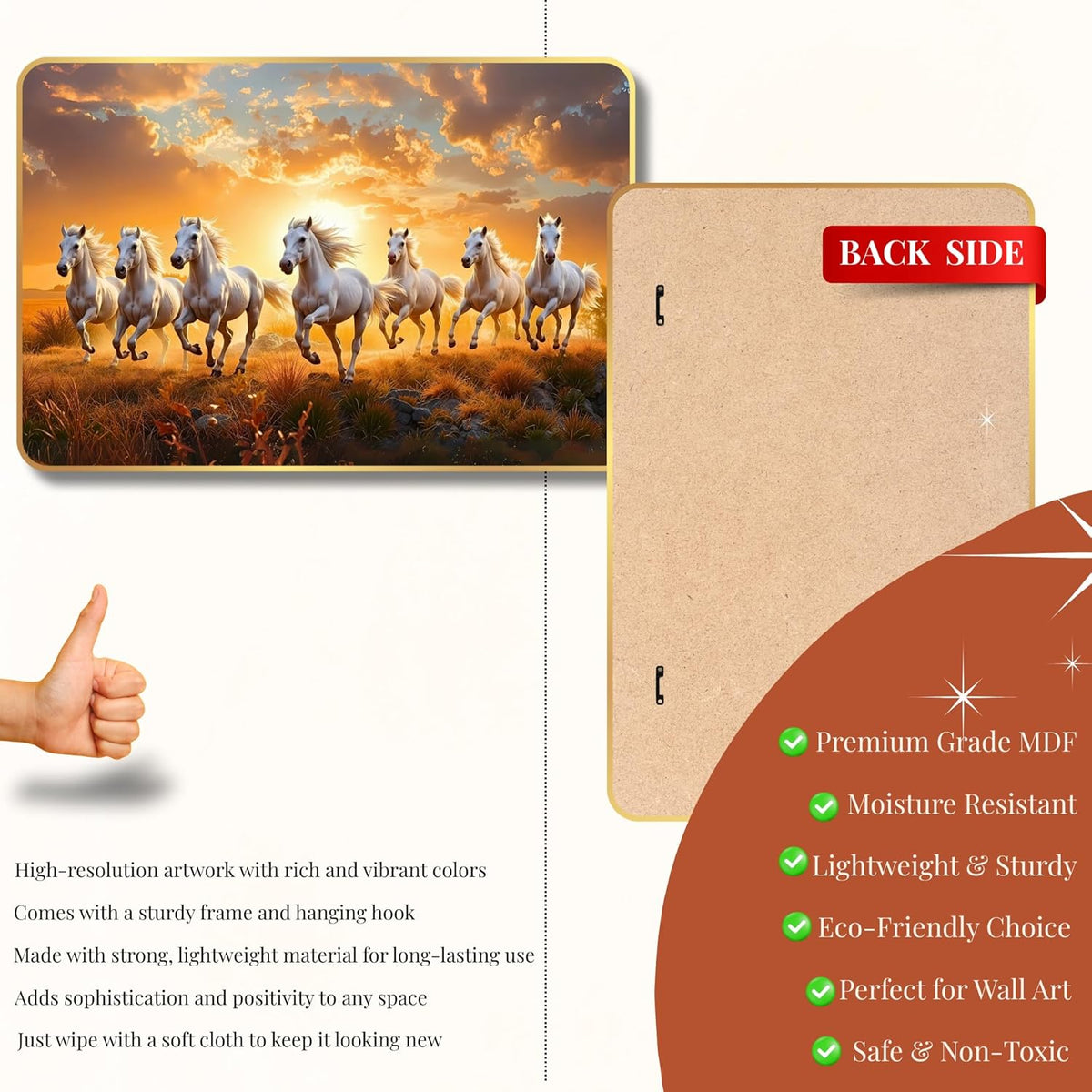 7 Running Horses MDF Wall Art 12x18 Inch | Golden Border Vastu Painting for Home & Office Décor | Modern Elegant Wall Hanging Frame for Living Room, Bedroom (Design 1)