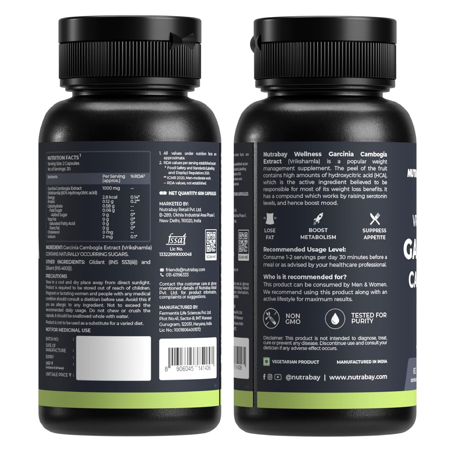 Two black supplement bottles with labels on a white background