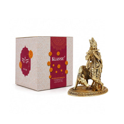 3 Inch Pure Brass Lord Krishna with Cow Idol | Flute Playing Kanha Murti for Mandir, Pooja Room, Home Temple, Pooja, Vastu & Spiritual Décor | Ideal for Diwali & Festive Gifting (Pack of 1)
