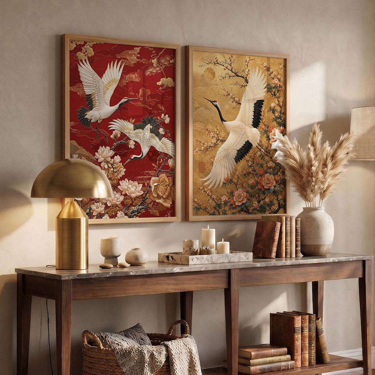 Aesthetic Japanese Crane Wall Art Painting with Cherry Blossom Flowers, Framed Nature Painting, Modern Art Home Decor for Living Room, Bedroom, Office Set of 2 (13X17 inch)