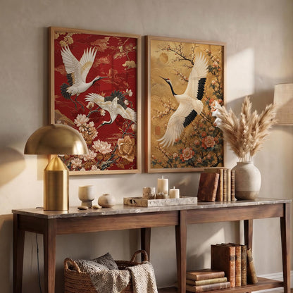 Aesthetic Japanese Crane Wall Art Painting with Cherry Blossom Flowers, Framed Nature Painting, Modern Art Home Decor for Living Room, Bedroom, Office Set of 2 (13X17 inch)