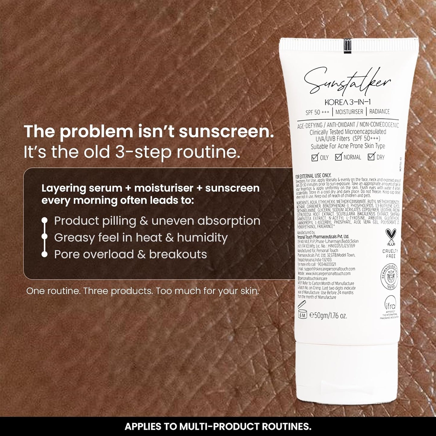 Personal Touch Sunscreen SPF 50 PA+++ for Face | Sunstalker Korea 3 in 1| Lightweight Sunscreen with No White Cast | Non-Greasy, Acne Safe & Oil-Free | With Niacinamide | For Oily & Dry Skin | 50 ml