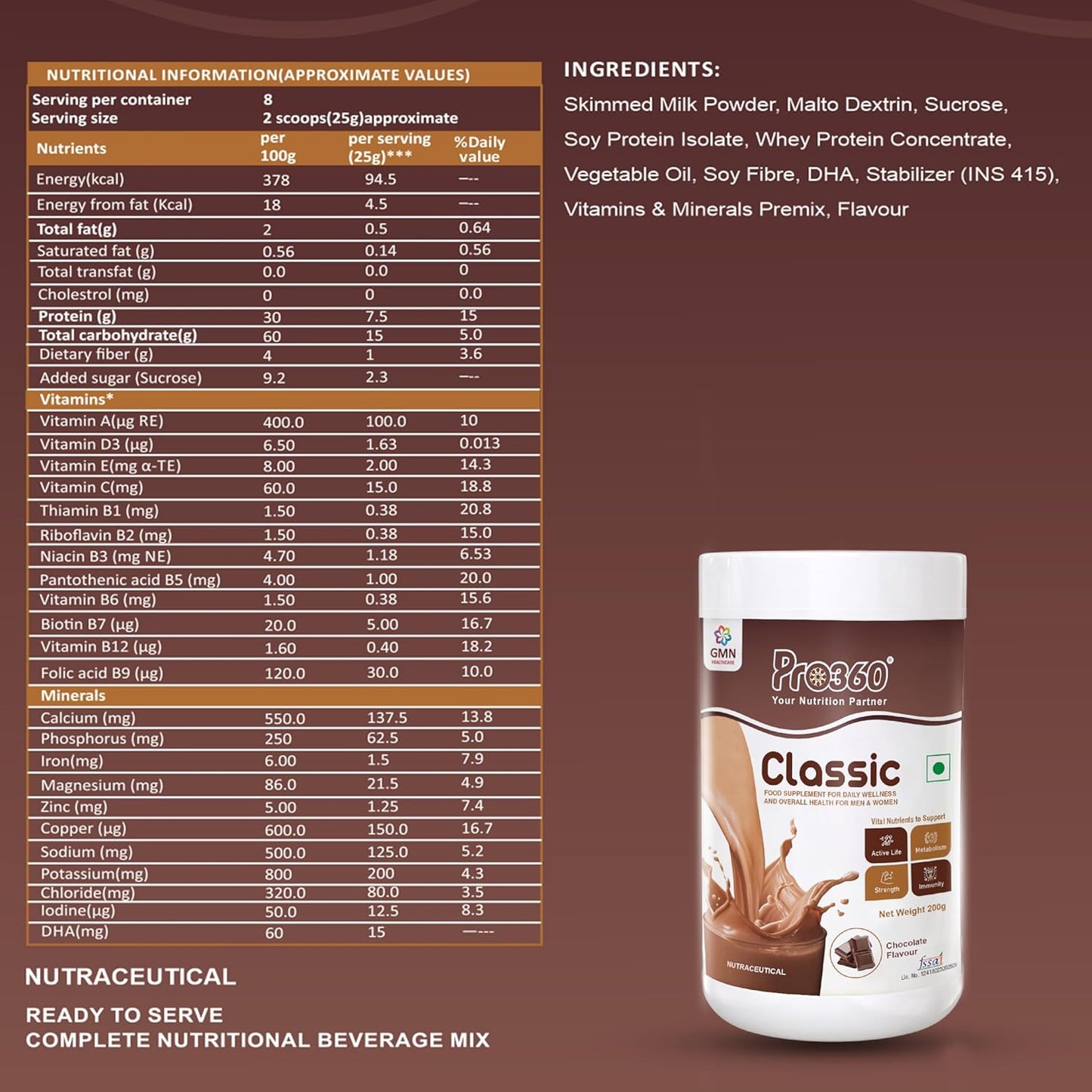 Pro360 Classic Daily Wellness Health Supplement Family Nutrition Protein Powder for Men and Women (200g, Chocolate)