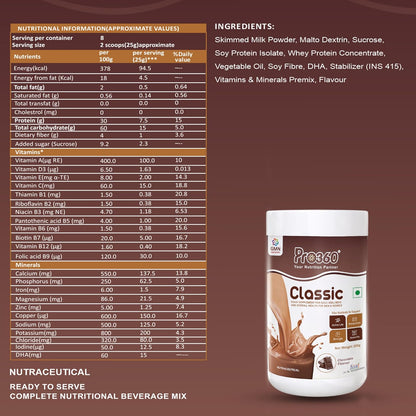 Pro360 Classic Daily Wellness Health Supplement Family Nutrition Protein Powder for Men and Women (200g, Chocolate)