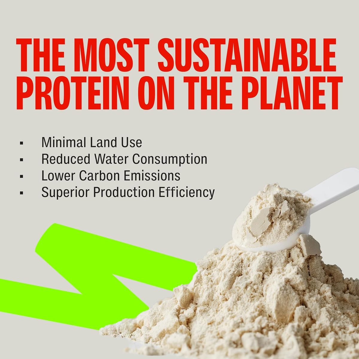 Protein powder with a scoop and text highlighting sustainability benefits on a gray background