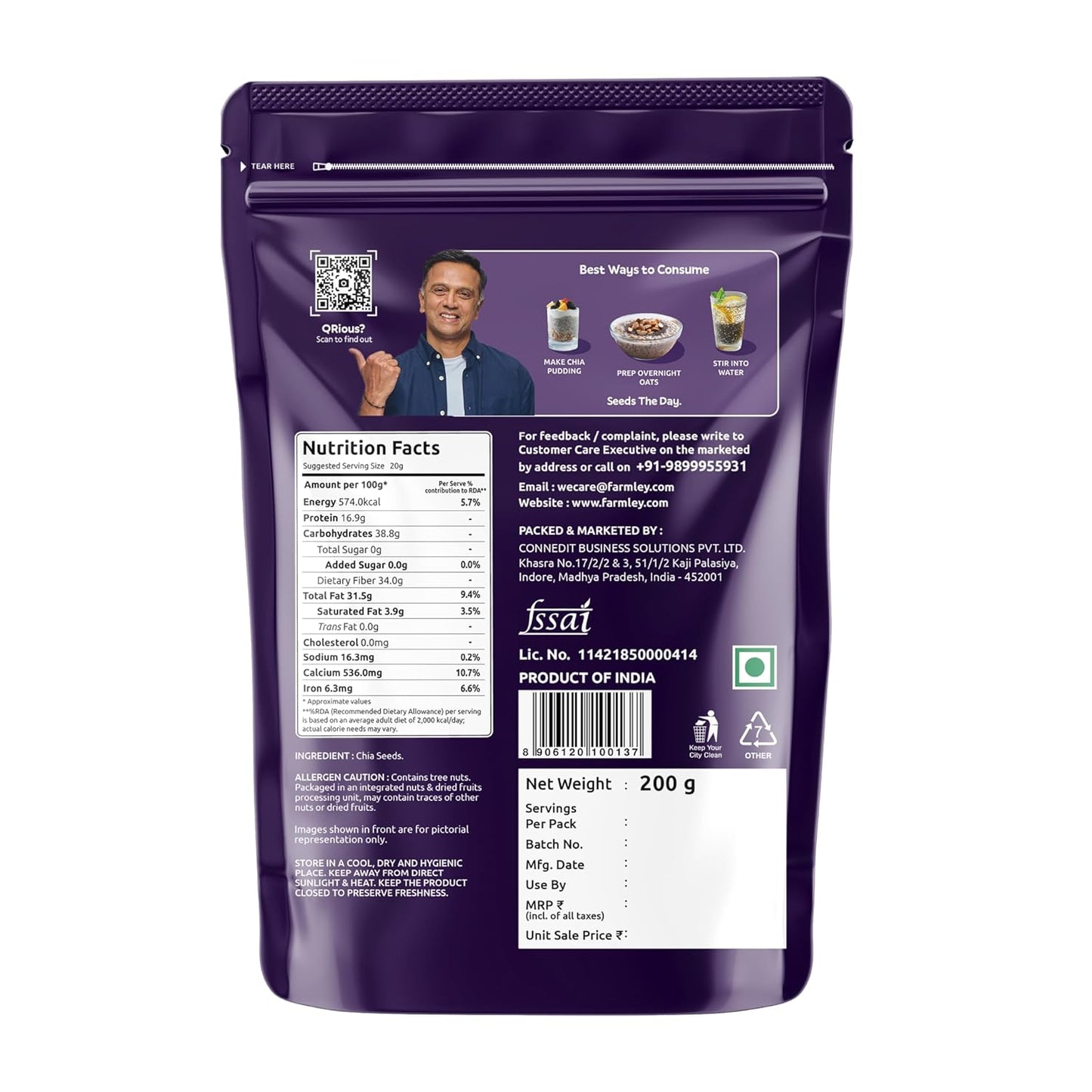 Farmley Chia Seeds 200g I Seeds for Eating | Seeds for Weight Management | Rich in Calcium, Protein & Fibre (Pack of 1)