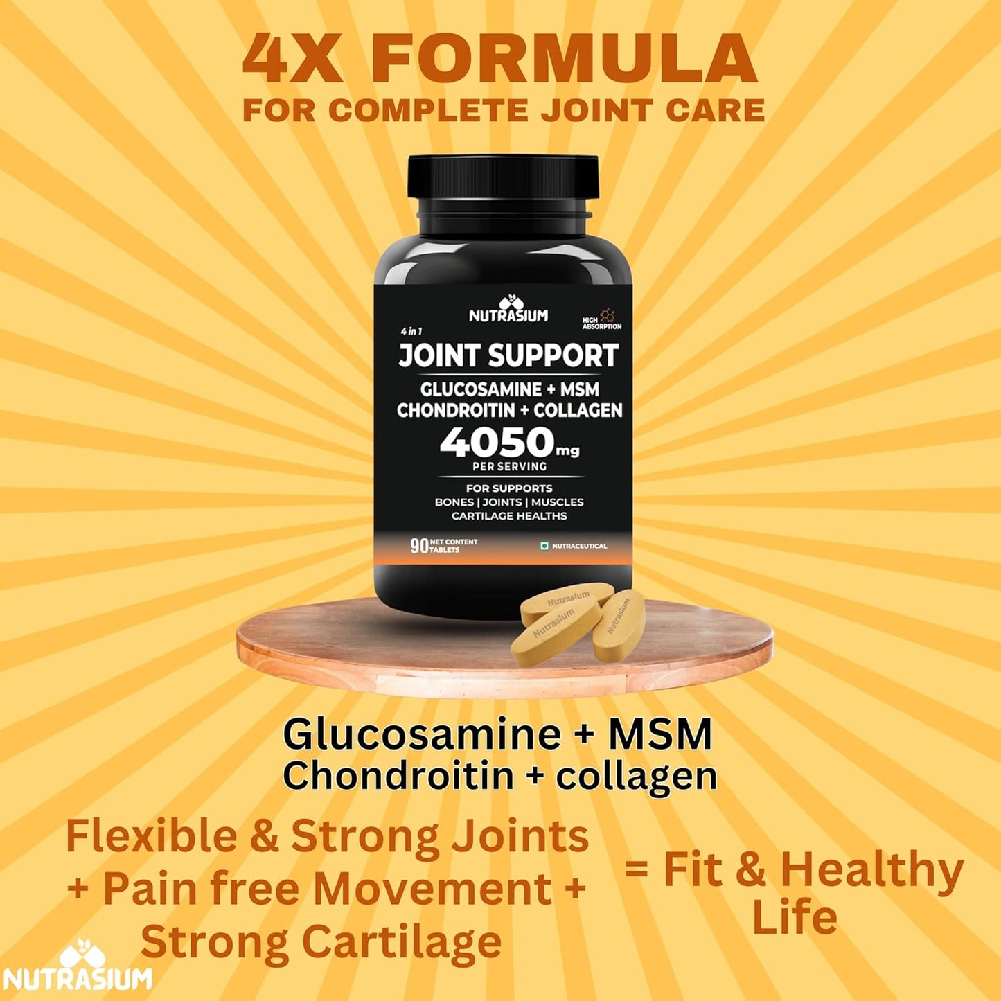 Nutrasium Glucosamine Tablets For Joint Support with Collagen & Glucosamine Chondroitin MSM | Joint Cartilage Support & Muscle Health | Joint Pain & Joint Care Supplement | 30 Tablets