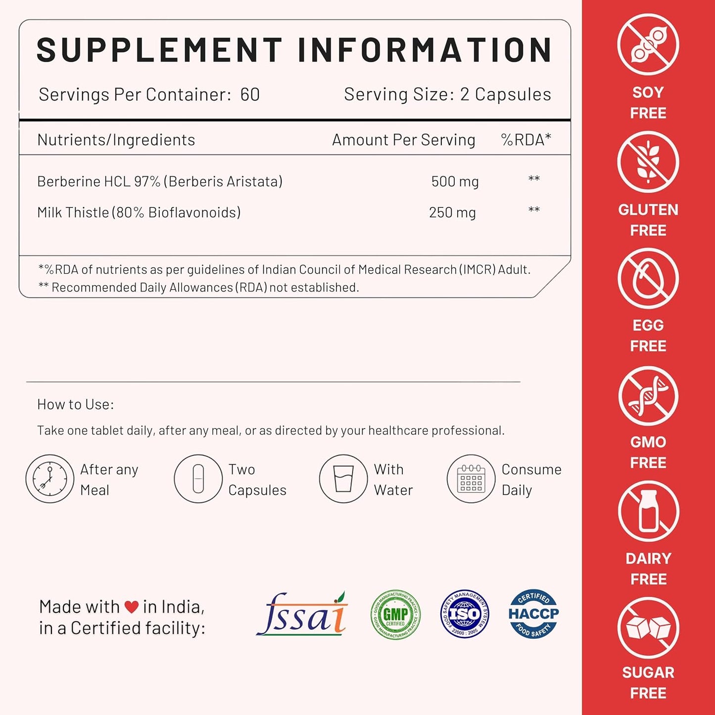 Nutrabud Berberine 500mg with Milk Thistle Supplement - Berberis Aristata Berberine HCL 97% - 60 Veg Capsules (60 Count (Pack of 1))