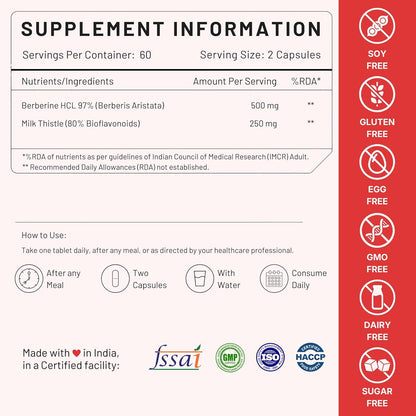 Nutrabud Berberine 500mg with Milk Thistle Supplement - Berberis Aristata Berberine HCL 97% - 60 Veg Capsules (60 Count (Pack of 1))