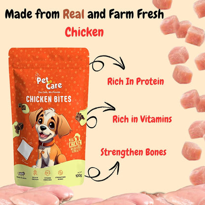 Pet en Care Chicken Bites Dog Treats, 100 gm | Protein Rich | Vitamin Enriched | All Breeds and Sizes