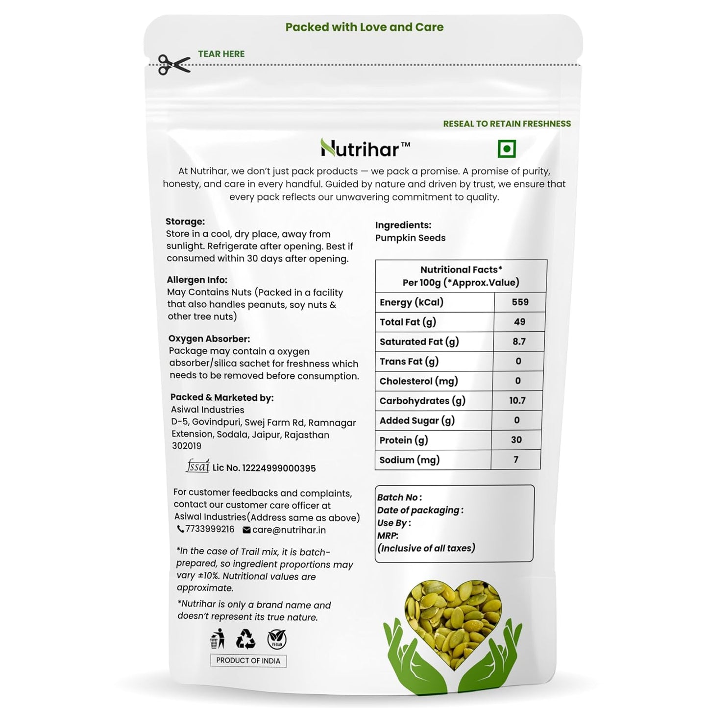 Nutrihar Raw Pumpkin Seeds 100g | Unpolished, AAA Grade | Protein & Fibre Rich Superfood