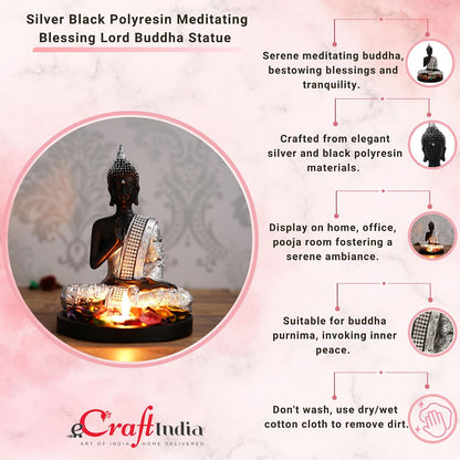 Handcrafted Meditating Lord Buddha Polyresin Idol (15 cm x 7.5 cm x 20 cm, Silver)