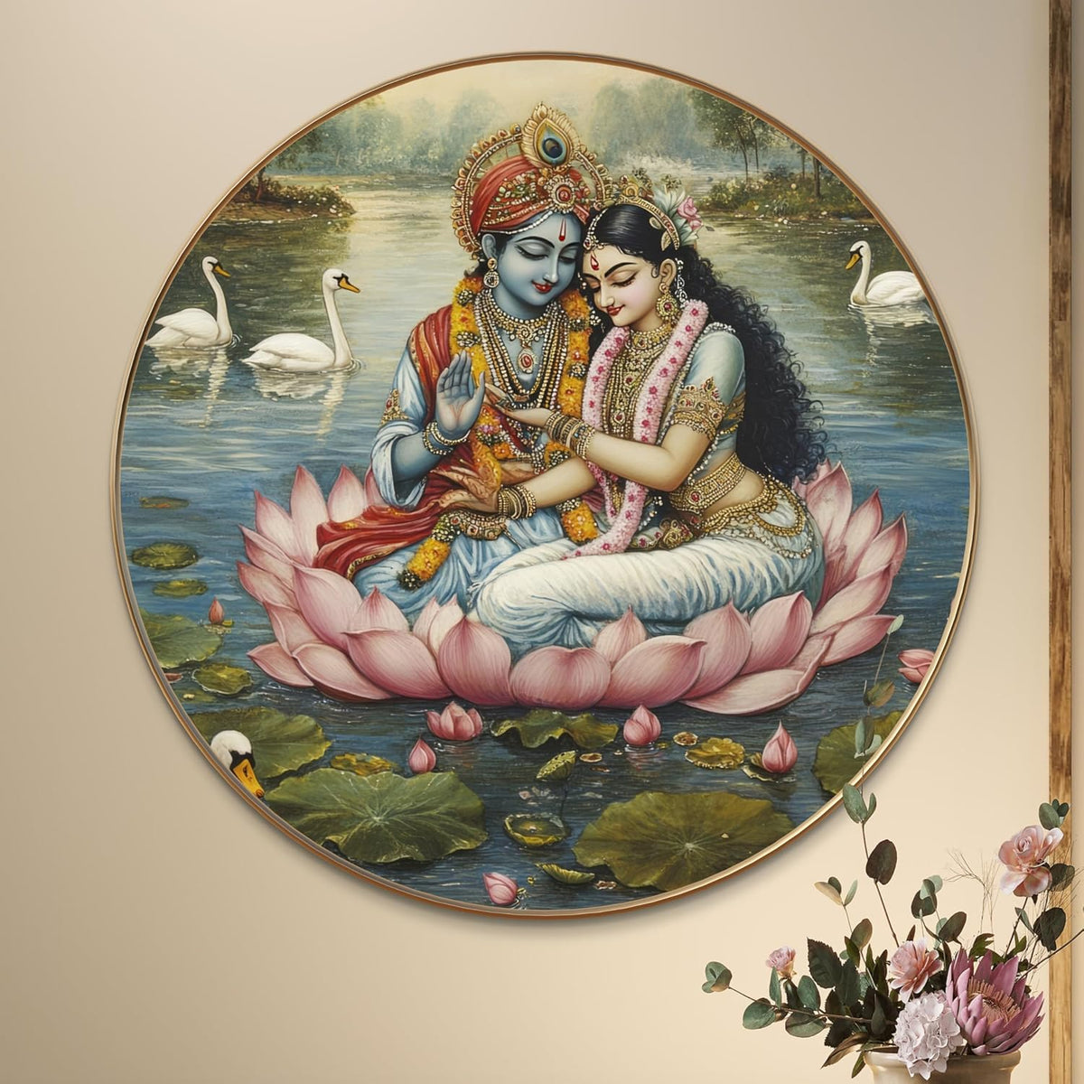 Radha Krishna Round Art Print with Golden Frame | Divine Lotus HD Art Print for Living Room Pooja Room Temple Home Décor 16 Inch x 16 Inch