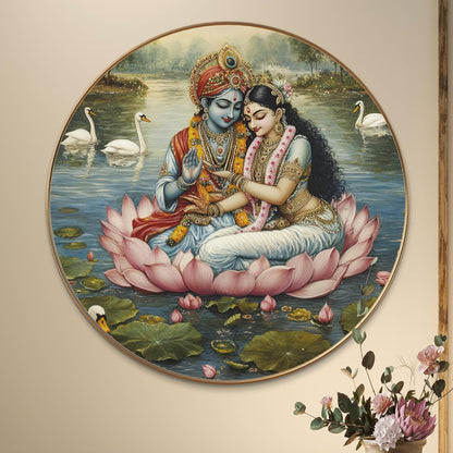 Radha Krishna Round Art Print with Golden Frame | Divine Lotus HD Art Print for Living Room Pooja Room Temple Home Décor 16 Inch x 16 Inch