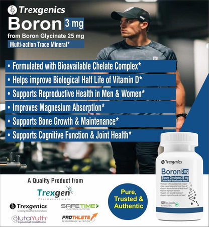 Trexgenics Boron 3 mg from Boron Glycinate 25 mg Multi-action Mineral, Bone, Cognitive Function & Joint Health (120 Veg Capsules)