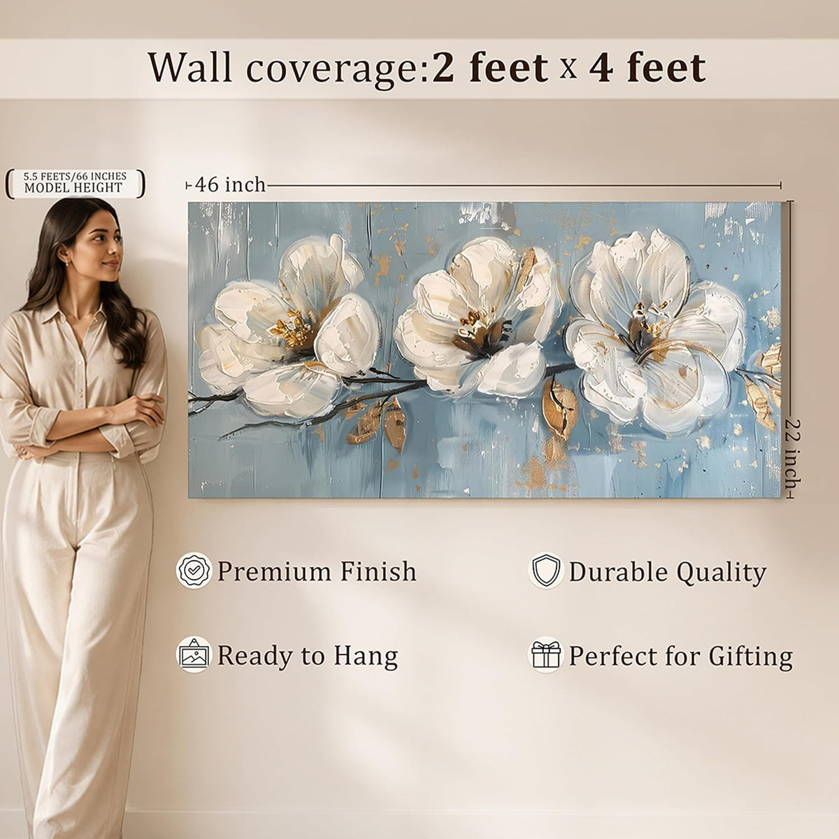 Beautiful Abstract White Flower Stretched Canvas Wall Art Painting For Living Room, Daisy Floral painting for Bedroom, Home and Office, 22x46 Inch