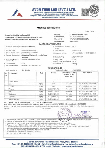 Amended test report from Avon Food Lab Pvt. Ltd. with various test results and certification details.
