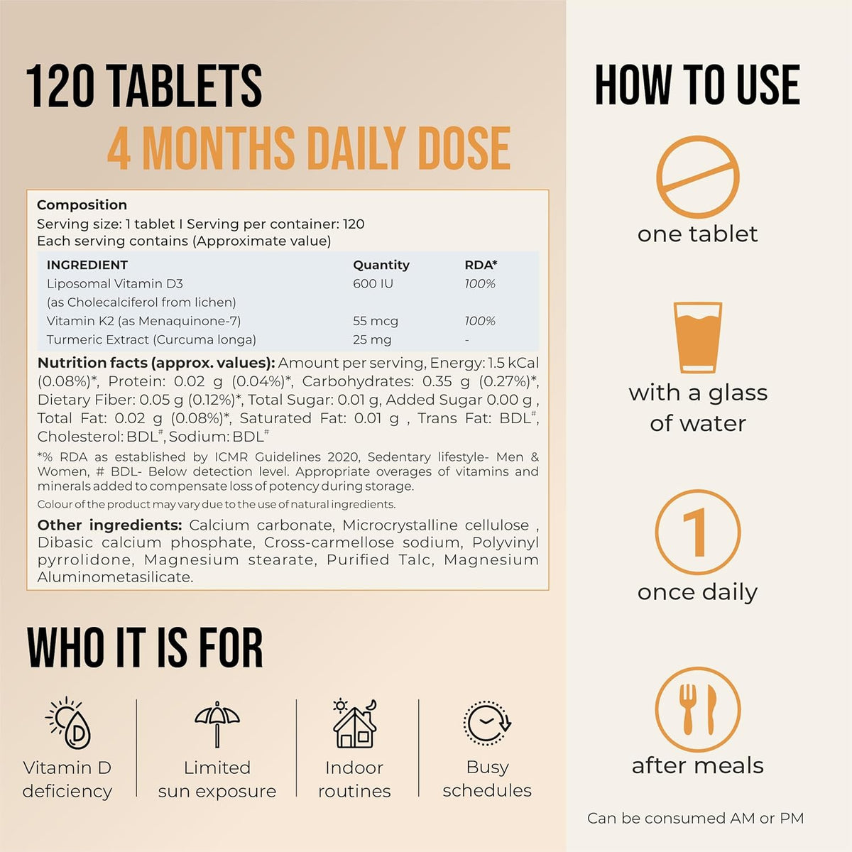Vitamins supplement packaging with daily dose information and usage instructions.