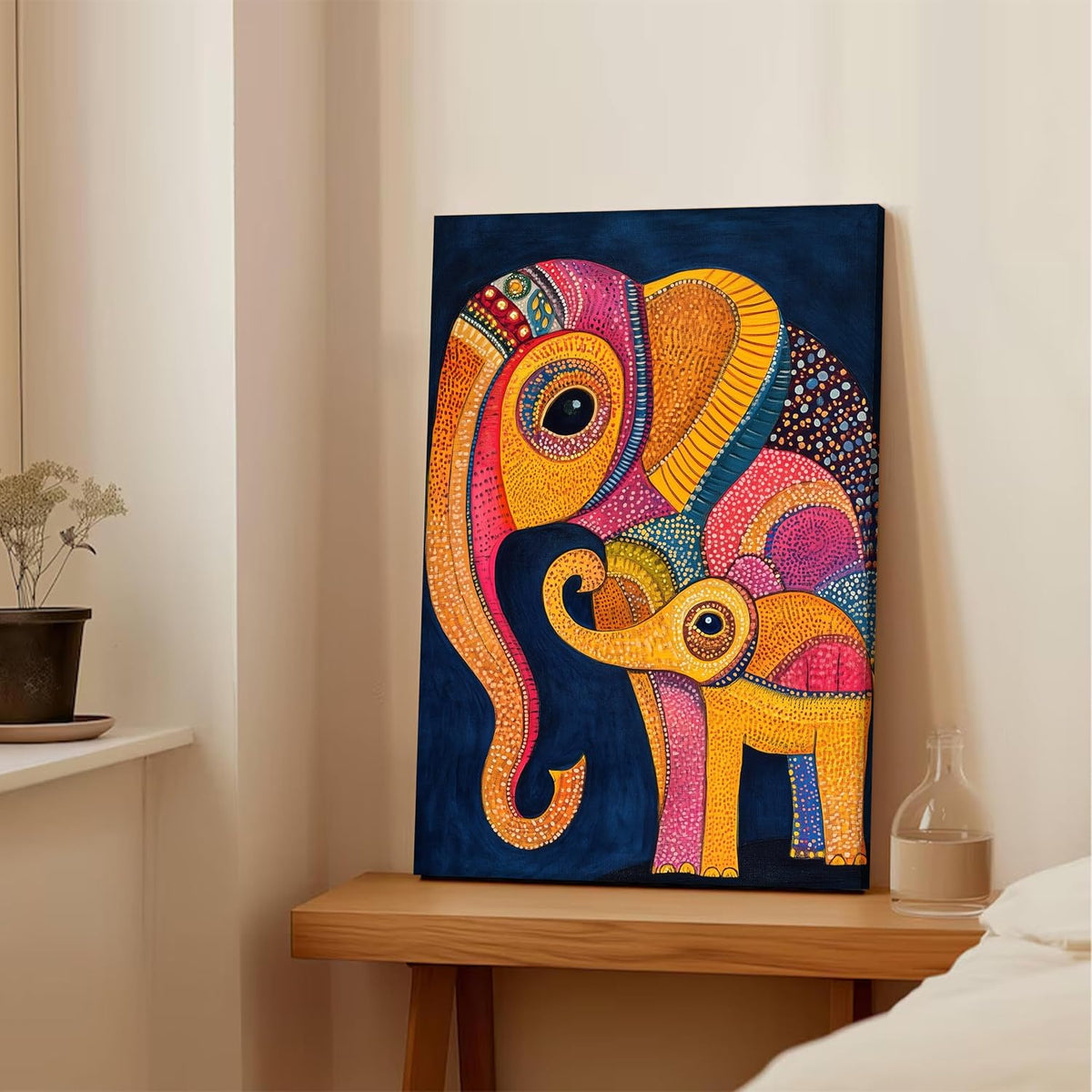 Gond Art of Elephants Wall Paintings for living room, Elephaint Pair Wall Art Paintings for bedroom, office, stretched canvas, 16x22 Inch