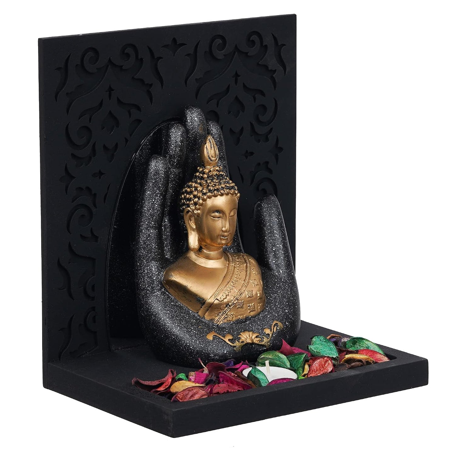 eCraftIndia Grey Golden Resin Palm Lord Buddha Idol Tea Light Candle Holder| Gautam Buddha Statue Tea Light Holder Diwali Decoration Items for Home Decor| Buddha Showpiece Gift for Diwali Housewarming