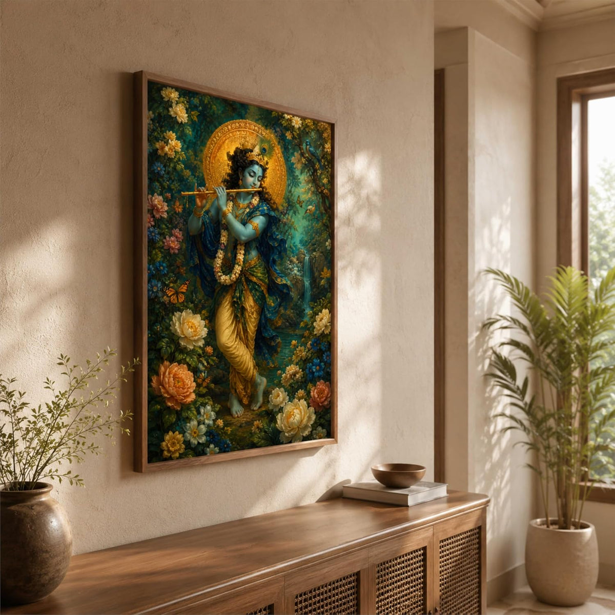 Lord Krishna Flute Wall Painting for Living Room Bedroom Hall Office Decor, Devotional Floral Artwork with Sparkle Laminate and Premium Wooden Synthetic Frame (13.5 x 19.5 Inch) NM01-4104