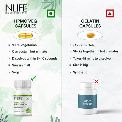 INLIFE Neem Oil 350mg with Peppermint Oil 150mg | Digestive Health & Skin, Hair Care Supplement | Enteric Coated Capsules – 60 Liquid Filled Vegetarian Capsules (Pack of 1, 60)