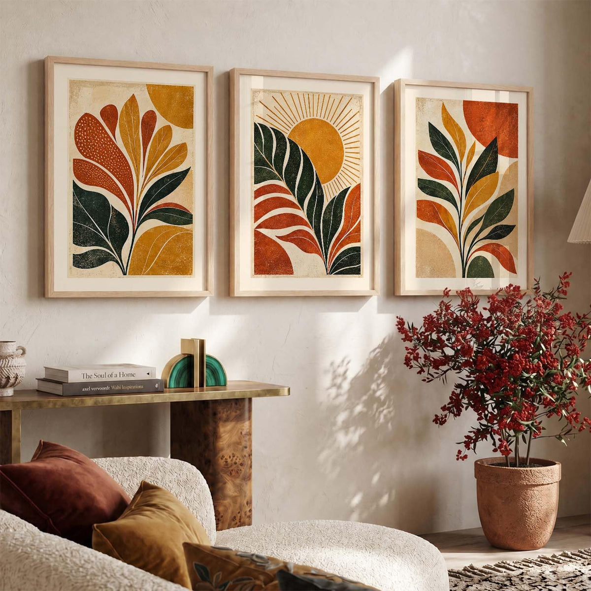 Aesthetic BOHO Art | Minimalist BOHO Wall Paintings with Frame for Home Living Room Bedroom Hotel Decoration | Digital Reprint Set of 3 | 13X17 Inch