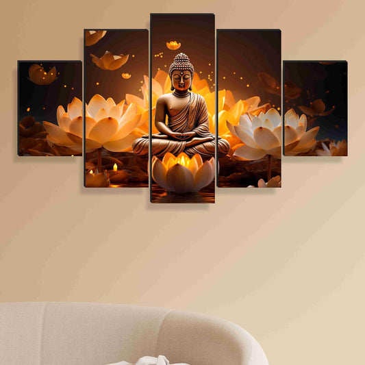 Buddha Paintings for Wall Decoration - Set Of Five, 3d modern art Painting for Living Room Large Size with Frames for Home Decoration, Hotel, Office 76.2 cm x 45 cm SANFPNLS35478