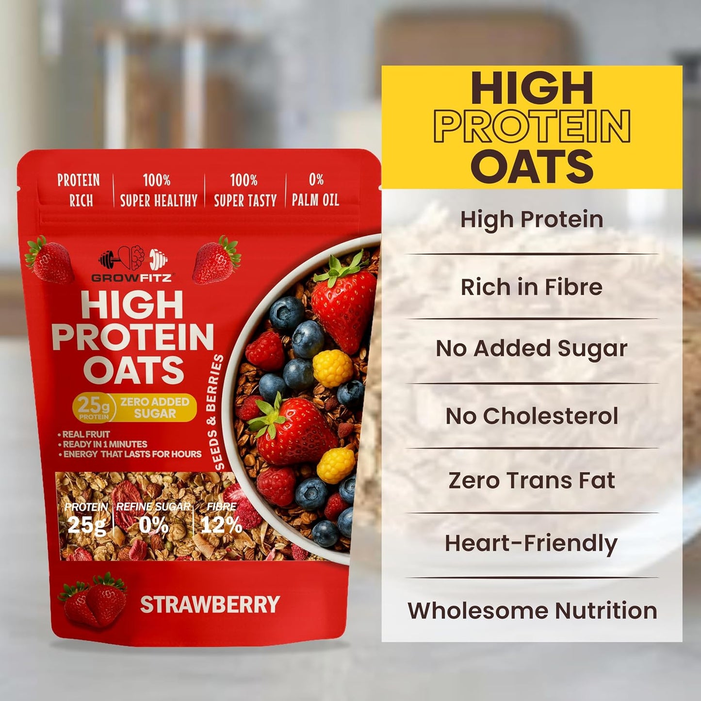 GrowFitz 25g High Protein Oats 800 Gram | Strawberry Flavor Breakfast Oatmeal | 12g High Fiber, Almonds, Raisin, Pumpkin, Chia Seeds, Super Rolled Oats | Healthy Fats, No Added Sugar (Pack of 1)