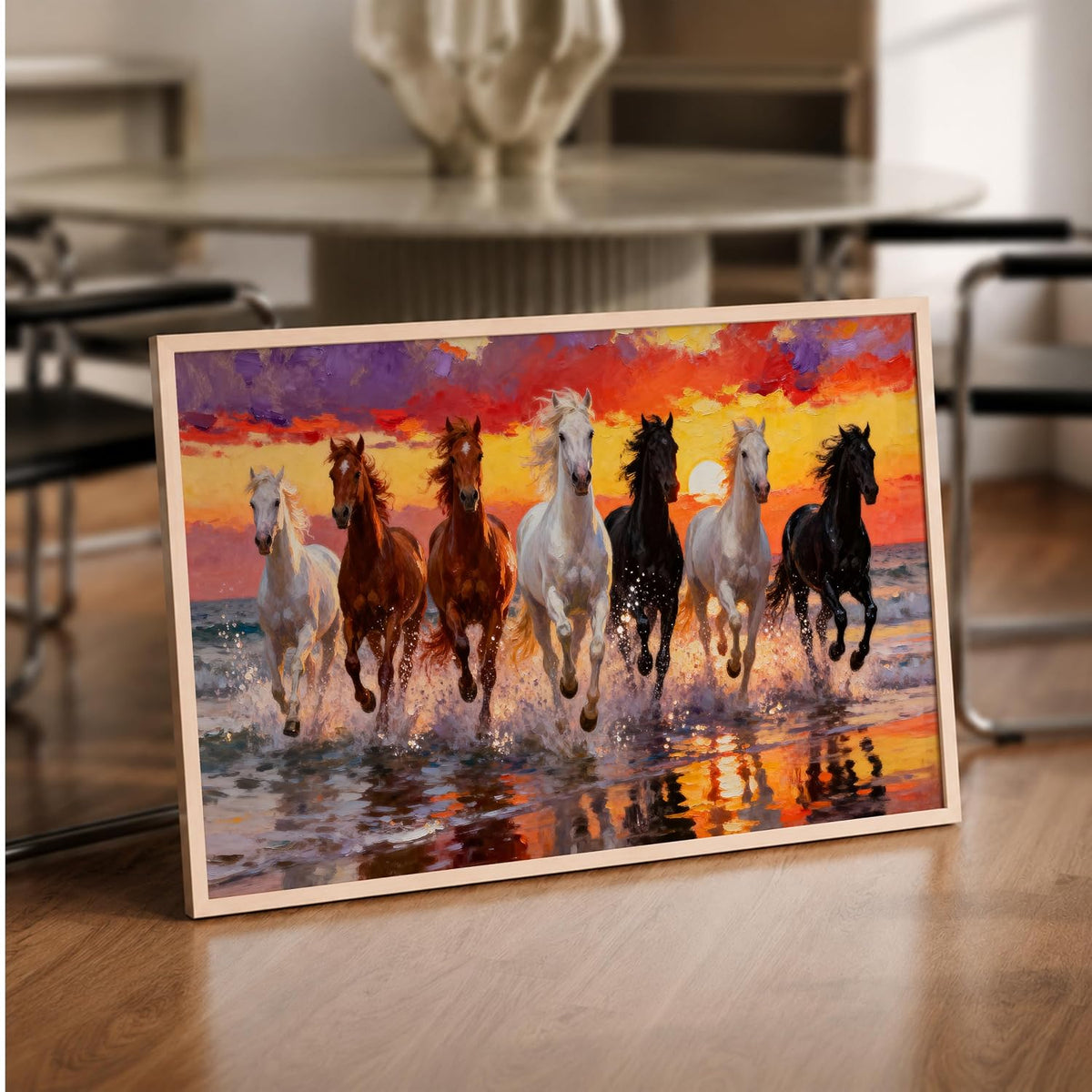 7 Horse Vastu Wall Painting for Living Room – Running Seven Horses Landscape Framed Wall Art | Premium Wooden Frame Home & Office Decor (Natural, Design 01, 13x19 Inch)