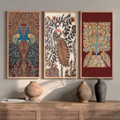 Indian Traditional Art Wall Painting Madhubani Home Decoration With Frame For Living Room Bed Room Hotel Wall Decor Digital Reprint Engineered Wood Set of 3 (Art 11, 10x19 inch)