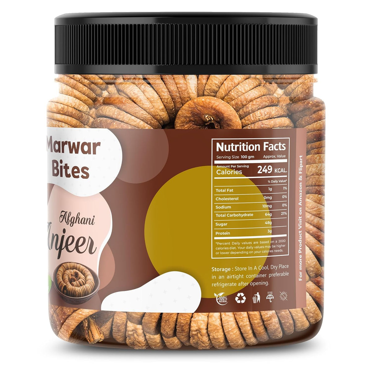 MarwarBites Premium Afghani Anjeer 100gm | Naturally Soft Juicy Dried Figs Dry Fruit | No Added Sugar | Rich Source Of Fiber | Low in Fat | Healthy Snack Jar Pack OF 1