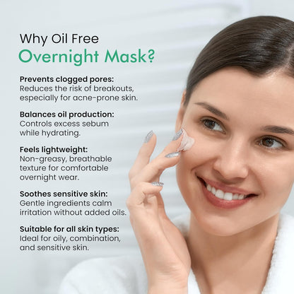 Woman applying oil-free overnight mask with text explaining benefits on a light gray background